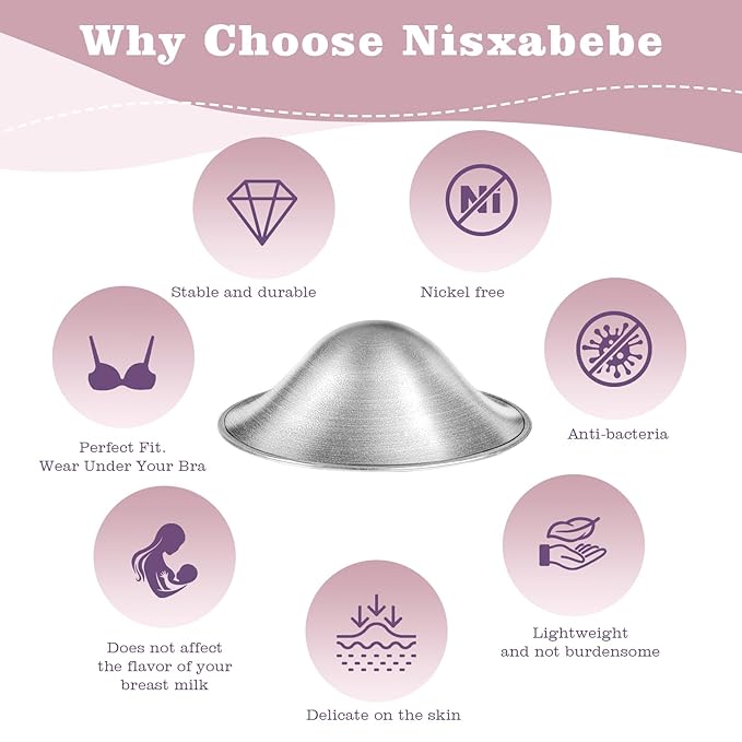 NISXABEBE The Original Silver Nursing Cups with Silicone Ring,Nipple Shields for Nursing Newborn,Breastfeeding Must Haves for Soothe and Protect Your Nursing Nipples,Trilaminate 999 Silver(X-Large)