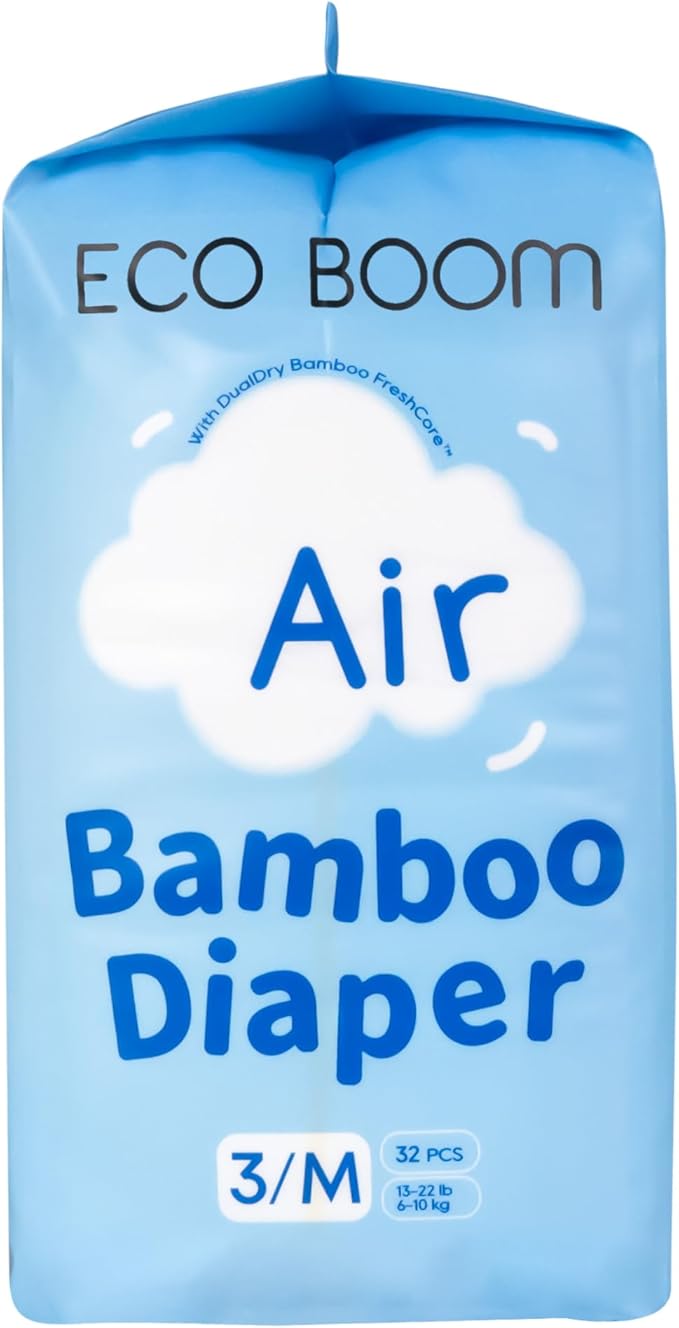 ECO BOOM Air Diapers, Tree-Free & Gentle for Sensitive Skin, Ultra Soft & Breathable, Reliable Overnight Protection, Size 3, 13-22 lbs