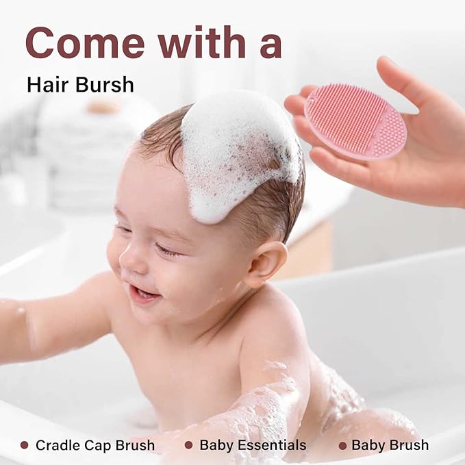mandoo Baby Bath Rinse Cup - Food Grade Silicone - Shampoo & Body Washing Rinser Cup for Kids with Easy Grip Handle to Rinse Baby Shampoo and Soap - Baby Essentials (Pink+Brush)