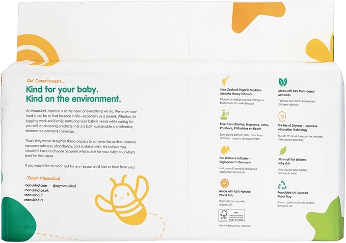 ManuKind Baby Diapers, Manuka Honey Infused, Ultra Soft, Plant-Based Materials, Quick-Dry Comfort, Leak Guard Protection, Size 3 – 26 Diapers