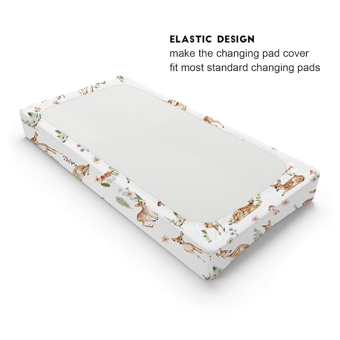 Spring Animal Changing Pad Cover Deer Mushroom Flowers Leaves Forest Baby Nursery Diaper Changing Pad Sheets for Boy Girl Soft Breathable Stretch Fitted Changing Table Sheets Mats 32''x16''