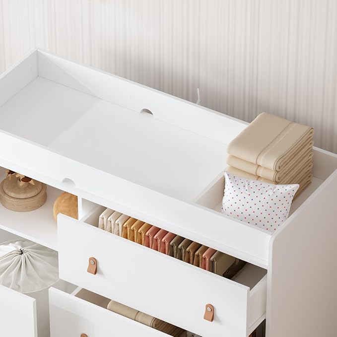 Baby Dresser with Changing Table Top, 4 Drawers Nursery Dresser with Removable Guard, Infant Diaper Changing Station Baby Cloth Organizer for Nursery and Kids Bedroom, White - 44.9" W