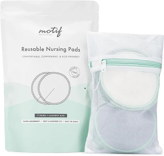 Motif Medical Reusable Nipple Pads for Breastfeeding - Washable Nursing Pads w/Laundry Bag - PUL Waterproof Back & Leak-Proof Bamboo Nursing Pads - Lactation Pads for Women (7 Pairs)