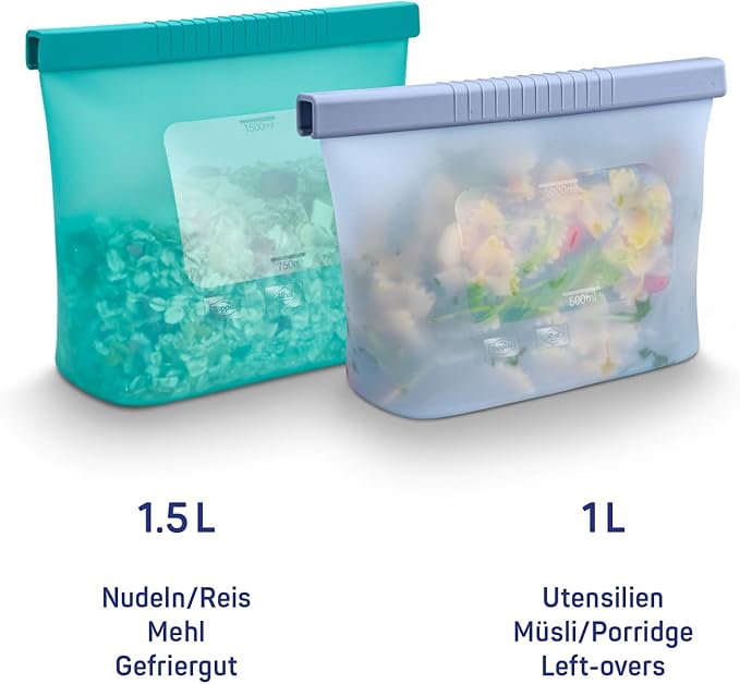 Toppits Set of 2 Reusable Silicone Bags 1 L + 1.5 L with Stand, Microwave-Safe, Dishwasher Safe