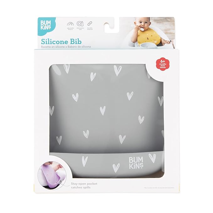 Bumkins Bibs, Silicone Pocket for Babies, Baby Bib for Girl or Boy, for 6-24 Months Up to Toddler, Essential Must Have for Eating, Feeding, Baby Led Weaning Supplies, Mess Saving, Gray Hearts