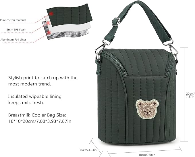 Lmbabter Embroidered Bear Stroller Organizer Tote Bag, Bottle Insulation Pouch, Portable Cooler Storage Essential for Milk/Breast Pump,Baby Travel Supplies (Green)