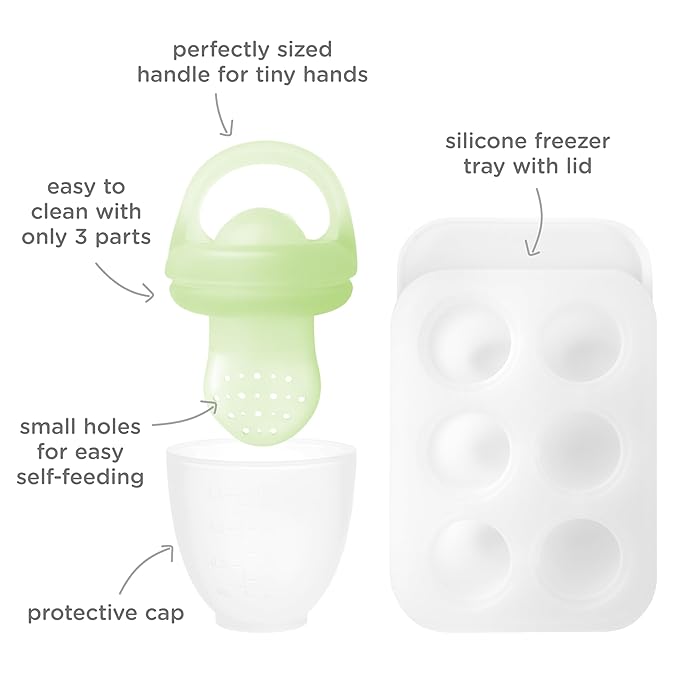 Olababy Silicone Food Feeder & Popsicle Set for Solid Food Introduction | Cooling Relief BPA Free Freezer Tray Combo for Fruit, Frozen Breastmilk, Puree, Smoothies for Infants, Babies