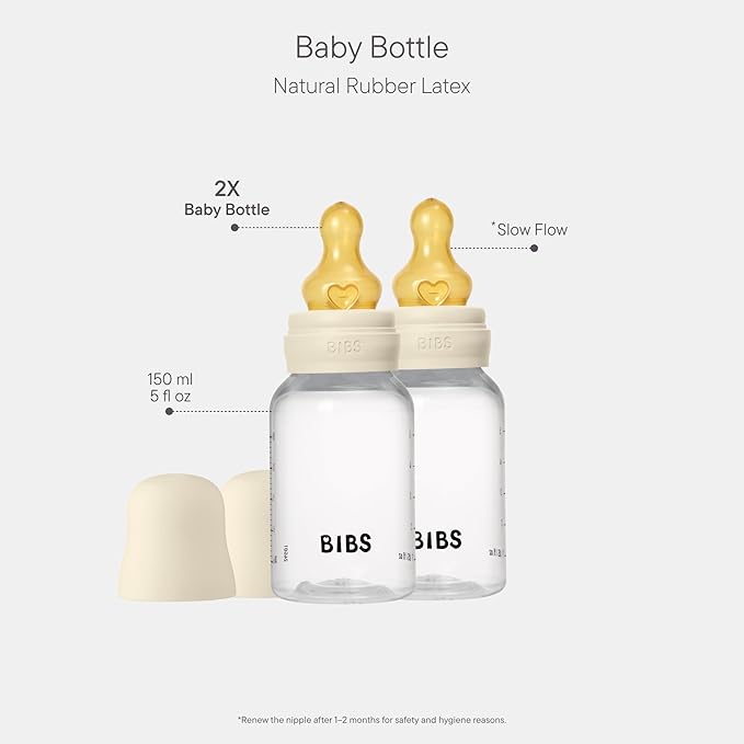 BIBS Baby Bottle 5 oz / 150 ml Natural Rubber Latex Nipple 2 Pack - Anti-Colic, BPA-Free, Round Nipple, Slow Flow, Lightweight & Easy to Clean, Suitable for Newborns 0+ Years - Ivory