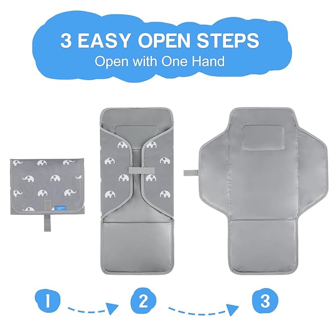 Portable Changing Pad with Built-in Pillow — Foldable Travel Diaper Changing Mat, One-Hand Open Waterproof Changing Station for On-the-Go Moms, Fits Diaper Bag (Cute Elephant)