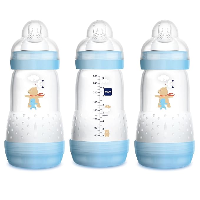 MAM Easy Start Anti-Colic Baby Bottles, 9 oz (3 Count) Bundle with Medium Flow Silicone Nipples