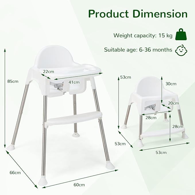 HONEY JOY Baby High Chair, 4 in 1 Convertible Highchair for Babies and Toddlers, Adjustable Legs, Double Removable Tray & Footrest, 3-Point Safety Harness for Infants Boys Girls (White)