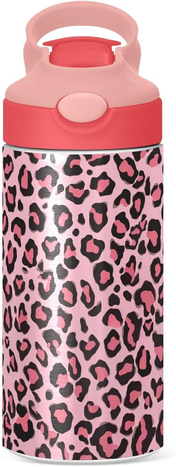Purple Cheetah Kids Water Bottle with Straw and Carry Handle Leopard Vacuum Insulated Stainless Steel Bottles Leak-Proof for Boys Girls Toddler 12 oz Pink Lid