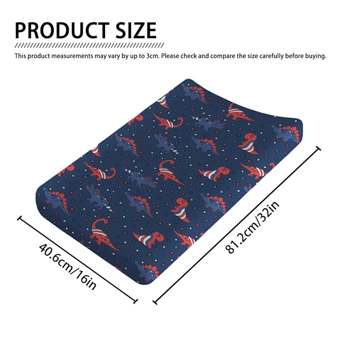 Patriotic Dinosaurs Baby Changing Pad Covers for Boy Girl 32''x16'' Cartoon Dinosaur American Flag Stars Unisex Fitted Diaper Changing Table Sheets Comfort Soft Breathable Baby Changing Table Mats