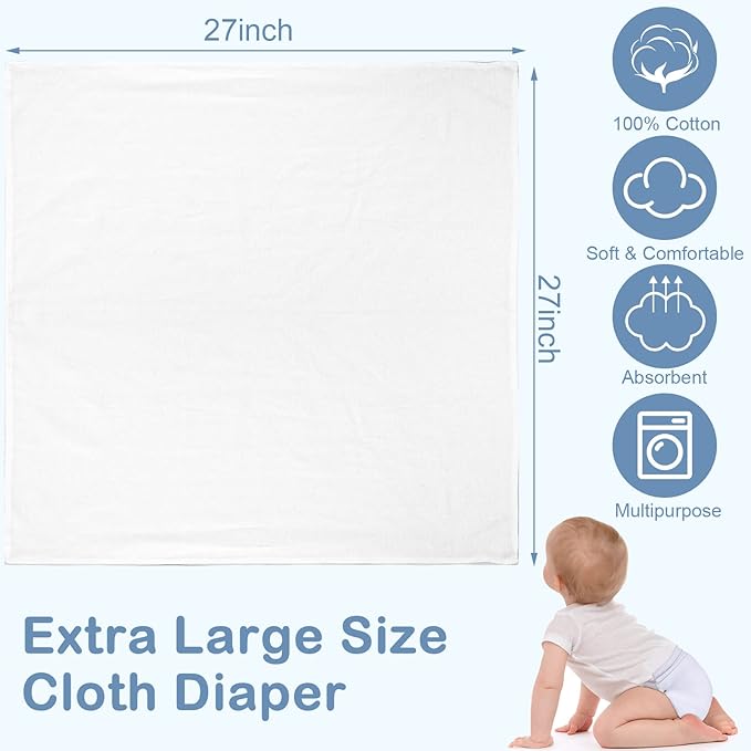 50 Count Birdseye Cloth Diapers for Babies Reusable Baby Diapers Cloth Large 27 x 27 Inch Cotton Baby Reusable Burp for Babies Boy Girl Toddlers