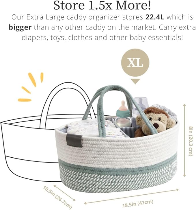 DECOMOMO XL Baby Caddy Organizer, Mother's Day Diaper Caddy Basket, Baskets for Baby Shower Gifts (Sage Green & White, Extra Large)