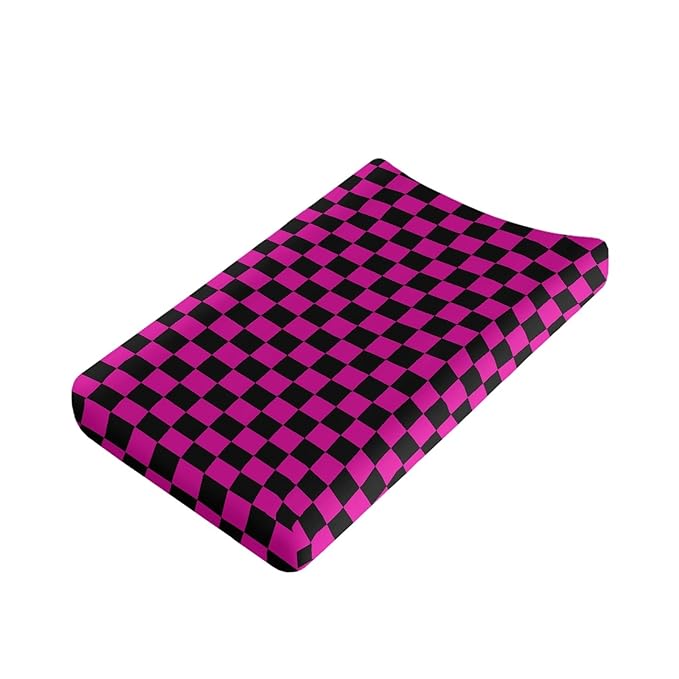 Deep Pink and Black Checkered Changing Pad Cover for Baby Girls Boys Cartoon Breathable Diaper Change Table Sheet Soft Stretchy Cute Change Table Mat Cover Fit 32x16