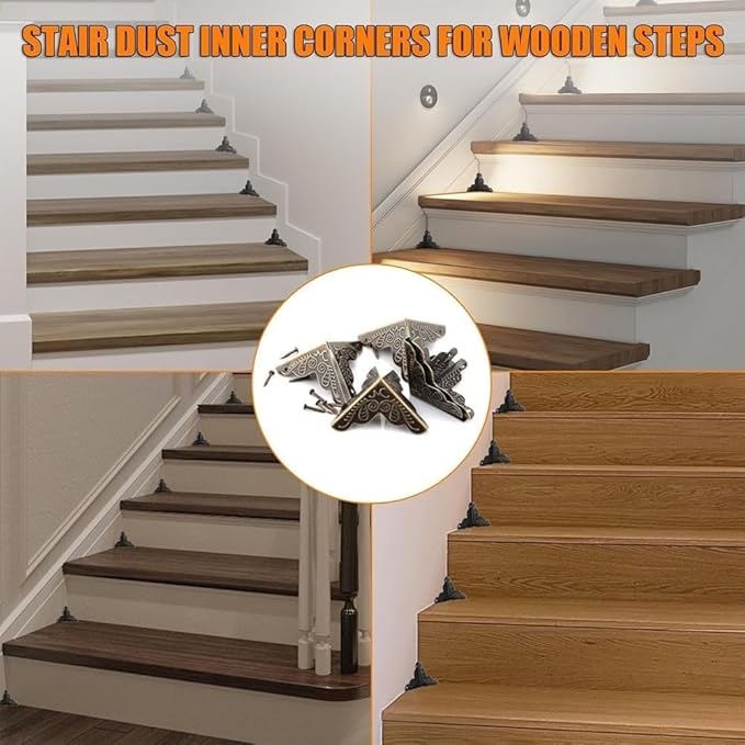 50PCS Dust Catchers for Stairs, Edge Corner Cover with Screws, Table Corner Protectors, Antique Stairs Dust Corners Decorative, for Tables, Walls & Baseboards (Gold, 1.38in)