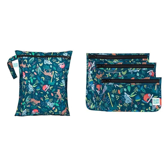 Bumkins Jungle Waterproof Wet Bag, Travel Bags & TSA Pouches Organizer Set of 4 Reusable Zip Bags