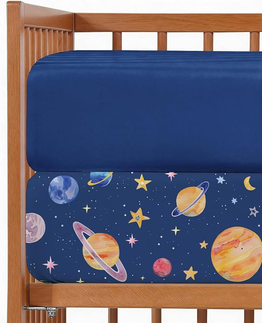 2-Pack Mini Crib Sheets Fitted - Pack N Play Sheets for Pack and Play Mattress - Stretchy Soft Microfiber Playard Bedding - Mini Toddler Bed Cover for Boys and Girls - Oeko-Tex - 38 x 24in, Planets
