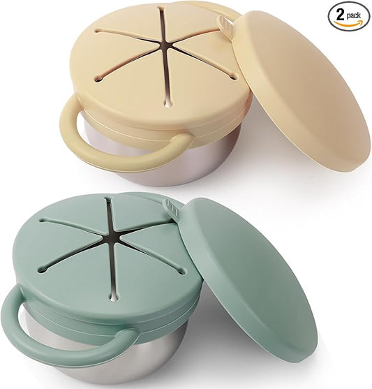 2 Pack Stainless Steel Spill Proof Snack Cup for Baby Toddlers Kids, with Silicone Food Catcher, Travel Lid, Spill-Proof Bowl Containers, Non Toxic BPA Free (Ash Green and Off-white)