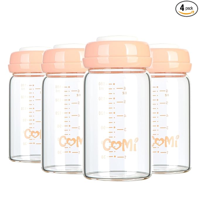 COMI Wide Neck Glass Breastmilk Collection n Storage Bottle, 4 Packs, 6oz with Screw Ring Sealing Disk; Re-markable Sealing Disc. BPA Free, Fits Breast Pumps & Nipples (4 Pink Lids)