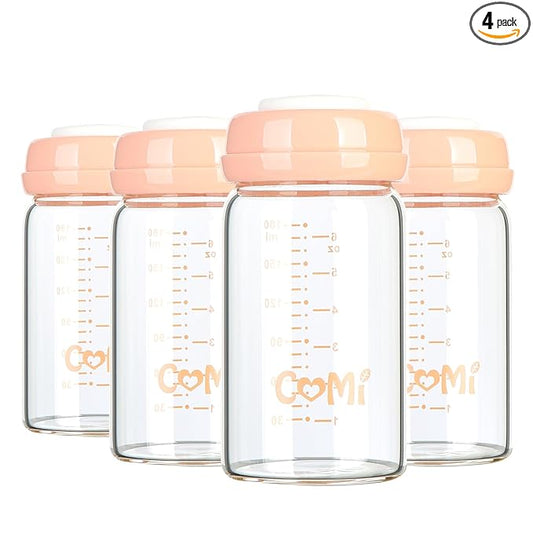 COMI Wide Neck Glass Breastmilk Collection n Storage Bottle, 4 Packs, 6oz with Screw Ring Sealing Disk; Re-markable Sealing Disc. BPA Free, Fits Breast Pumps & Nipples (4 Pink Lids)