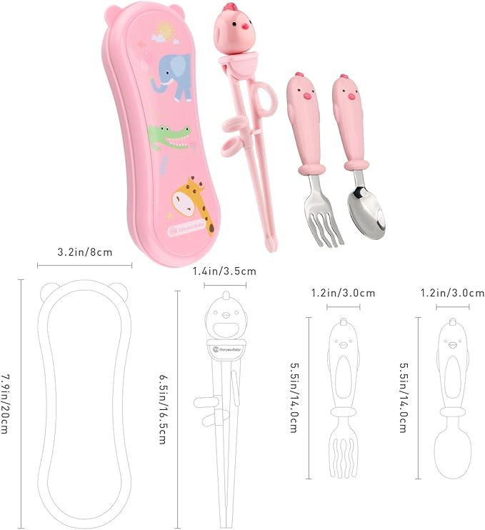 Toddler Utensils Stainless Steel Kids Silverware Set with Kids Training Chopsticks and Baby Spoon and Fork for Self Feeding Learning with Case (3PCS)(Pink)