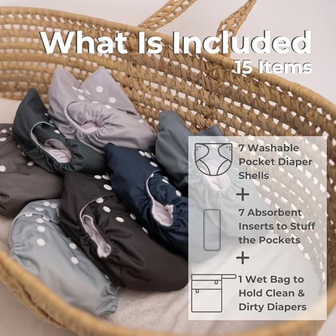 Nora's Nursery Cloth Diapers 7 Pack with 7 Inserts & 1 Wet Bag - Waterproof Cover, Washable, Reusable & One Size Adjustable Pocket Diapers for Newborns and Toddlers - Out to Sea