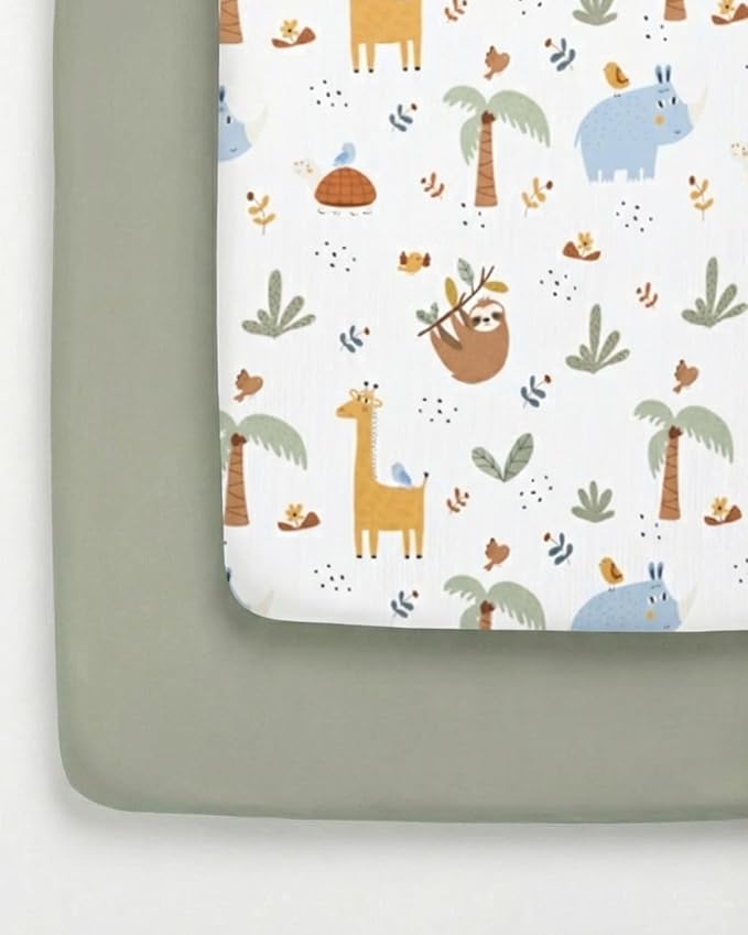 Pack and Play Sheets Fitted - 2 Pack Mini Crib Sheets for Pack N Play Mattress - Unisex Playard Microfiber Bedding for Boys & Girls - Soft, Breathable and Wrinkle Free - Oeko-Tex, 38 x 26in - Safari