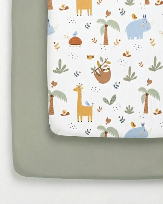 Pack and Play Sheets Fitted - 2 Pack Mini Crib Sheets for Pack N Play Mattress - Unisex Playard Microfiber Bedding for Boys & Girls - Soft, Breathable and Wrinkle Free - Oeko-Tex, 38 x 26in - Safari