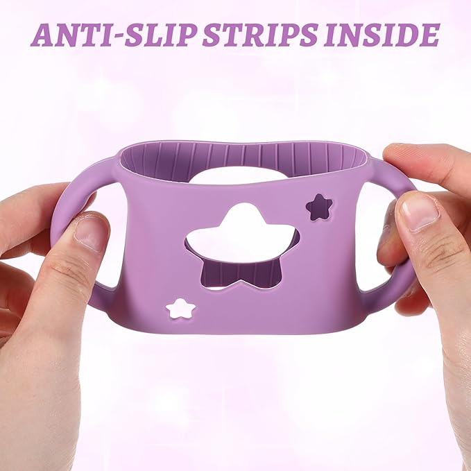 4 Pack Baby Bottle Holder for Dr Brown Wide-Neck Bottle with Easy Grip Handles Soft Silicone Star-Shaped Bottle Holder for Baby Self Feeding - BPA-Free (White Pink Purple Green)