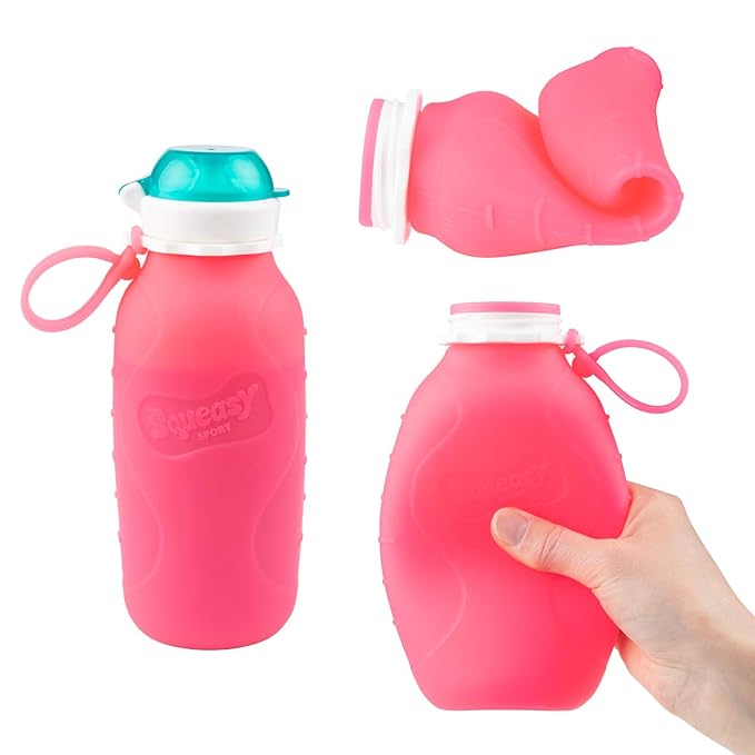 Pink 16 oz Squeasy Snacker Spill Proof Silicone Reusable Food Pouch - for Both Soft Foods and Liquids - Water, Apple Sauce, Yogurt, Smoothies, Baby Food - Dishwasher Safe