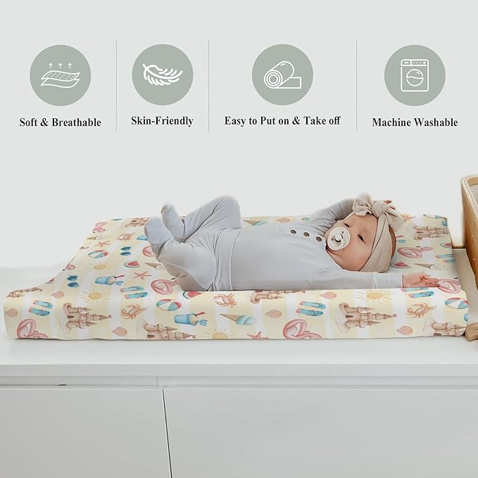 Summer Beach Seaside Changing Pad Covers for Baby Girls Boys Ice Cream Sand Flamingo Sun Fitted Change Table Pad Covers Mats Boho Travel Vacation Soft Diaper Changing Pad Sheets 32''×16''