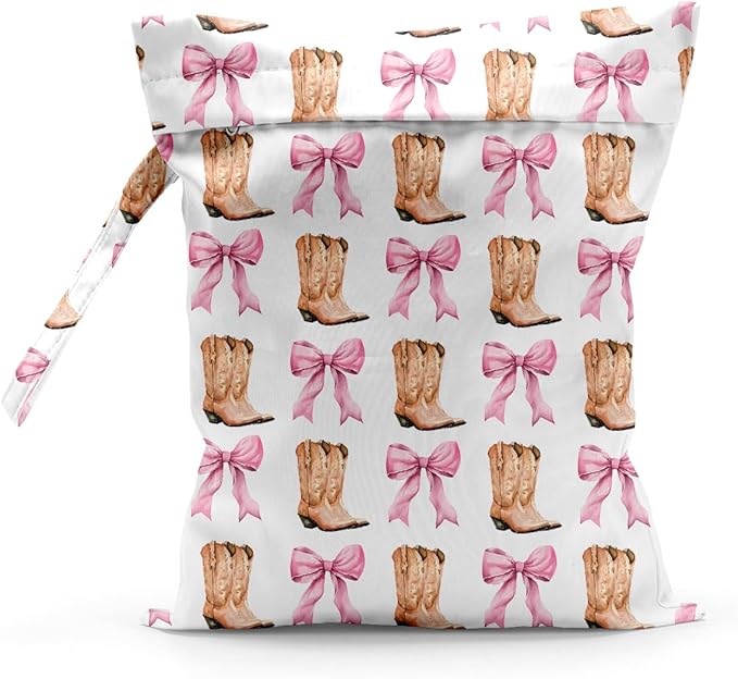 Waterproof Cloth Diaper Wet Dry Bag Reusable Travel Beach Pool Daycare Soiled Toddler Items Yoga Gym Bag for Swimsuits Wet Clothes Bags - Western Boots Bow Pattern