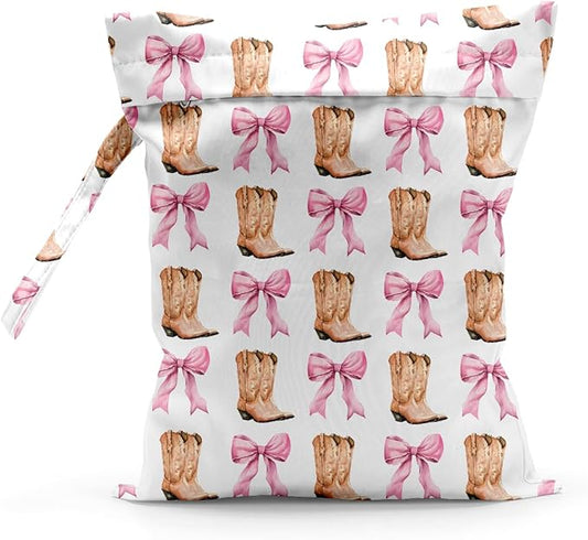 Waterproof Cloth Diaper Wet Dry Bag Reusable Travel Beach Pool Daycare Soiled Toddler Items Yoga Gym Bag for Swimsuits Wet Clothes Bags - Western Boots Bow Pattern