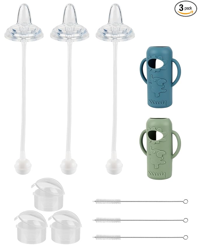Dr. Brown's Sippy Straw Cup Conversion Kit with Silicone Sleeves for Narrow Glass Baby Bottle 8oz, Weighted Straw Replacement Kit with Soft Sippy Spout and Handle, 6m+, Set of 3