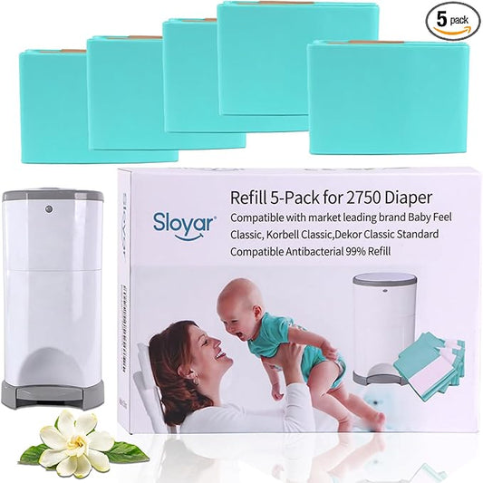 Sloyar Refills Compatible with DEKOR CLASSIC Diaper Pails/5 Pack/Versatile and Functional/Suitable for Seniors and Infants/Baby Powder Fragrance/Holds up to 2750 Diapers