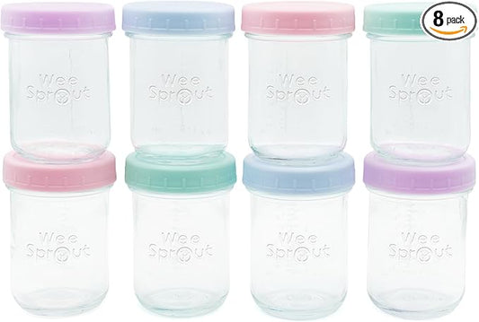 WeeSprout Baby Food Storage Glass Jars w/Lids (8 oz, 8 Pack) Pastel Variety, Snack, Reusable Small Containers, Fridge or Freezer, Microwave & Dishwasher Safe, Essentials for Infants