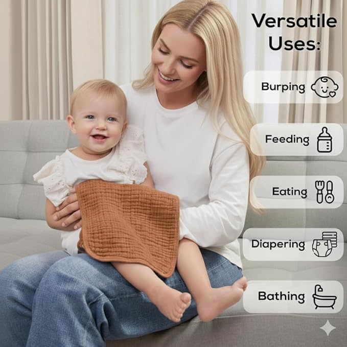 Muslin Burp Cloths, 20"x10"- Pack of 8, 6 Layers Super Soft Absorbent & Breathable 100% Cotton for Baby Drool and Messes, Burp Cloth Baby Boy and Burp Cloths Baby Girl