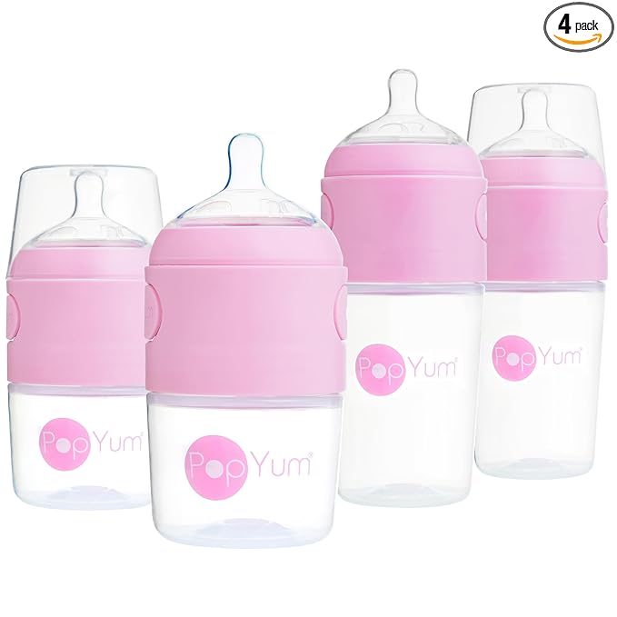 PopYum Pink Formula Making Baby Bottle Starter Set, 4-Pack, 2X 5oz Bottles with #1 Slow Flow Nipples + 2X 9oz Bottles with #2 Medium Flow Nipples, Mixing, Dispenser