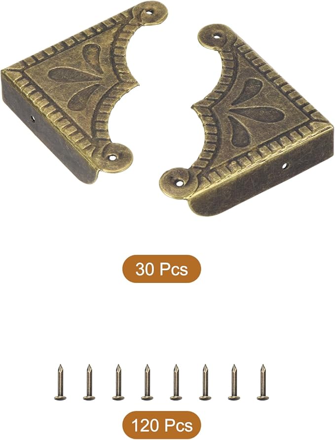 uxcell 30pcs Vintage Corner Protector 2.2"x2.2"x0.5" Decorative Metal Edge Corner Protectors Brackets with Mounting Nails for Box Wooden Case Chest Table Desk Bronze