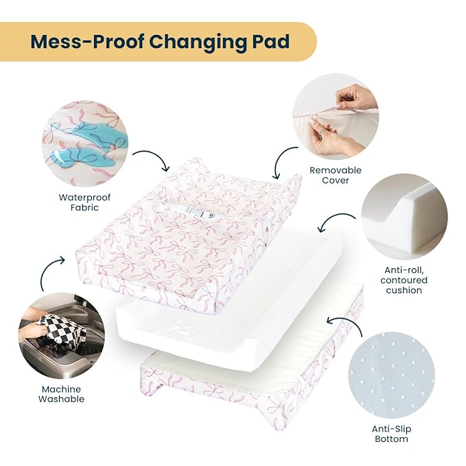 Tiny Twinkle Diaper Changing Pad for Dresser & Nursery Table – Waterproof, Wipeable & Mess-Proof Baby Changing Pad with Safety Strap, Non-Slip Base & Removable Washable Cover(Bows)