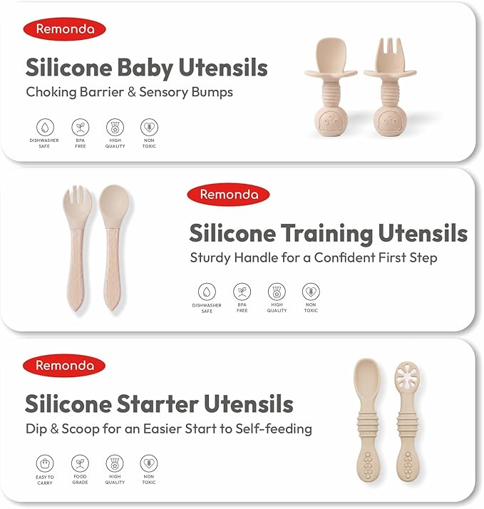 Remonda 23-Piece BPA-Free Silicone Baby Feeding Set | Extra Large Suction Plates, Toddler Bowls, Self Feeding Spoons, and More | Dishwasher Safe| Baby Led Weaning Supplies (Beige) A1