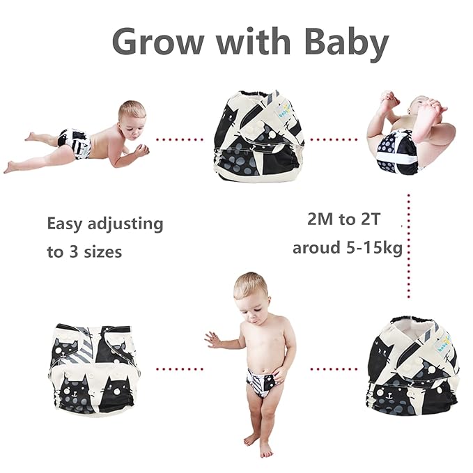 babygoal Reusable Cloth Diapers 6 Pack+6pcs Rayon from Bamboo Inserts+Wet Bag, One Size Adjustable Washable Pocket Nappy Covers for Baby Boys and Girls