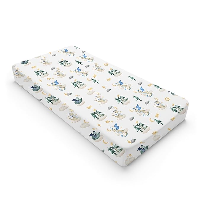Cartoon Fairy Tale Dragon Moon Stars Clouds Trees Changing Pad Covers Watercolor Dragons Diaper Changing Table Cover Sheets for Boy Girl Soft Stretchy Snug Fitted Baby Changing Pad Mats 32''x16''