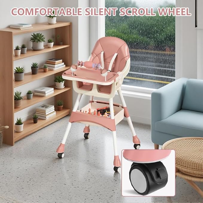 Portable High Chair,High Chairs for Babies and Toddlers,Multi-Use Easy Clean Baby High Chair with Lock Wheels, Comfortable Feeding and Place The Toy Storage Basket uuu