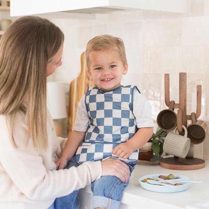 Tiny Twinkle Mess Proof Baby Bib for Boys | Waterproof Toddler Bib for Eating | Baby Apron for Feeding, Machine Washable | Perfect Shower Gift (Blue Checkers, 6–24M)