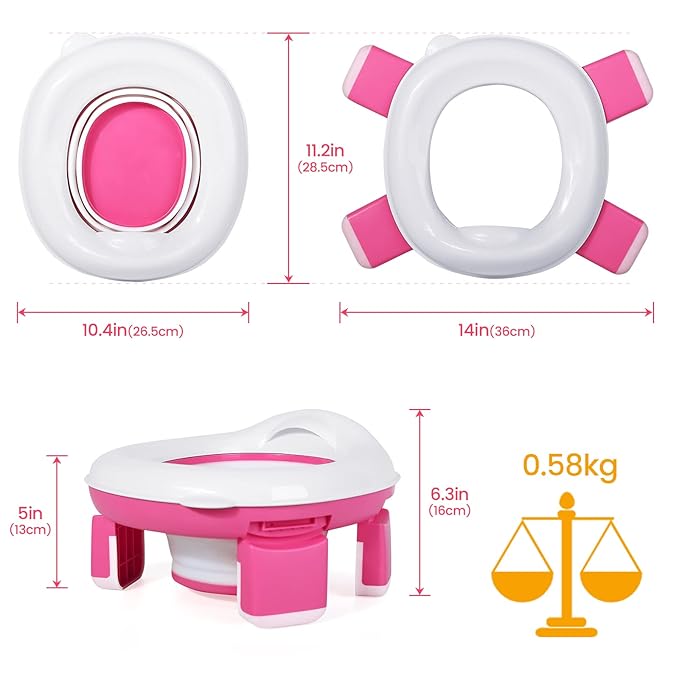 Orzbow Portable Potty Training Toilet, Travel Potty Seat for Toddler Boys Girls with Splash Guard, Potty Training Essentials, Foldable, Includes Free Travel Bag and 40 Liners, Indoor/Outdoor Use, Pink