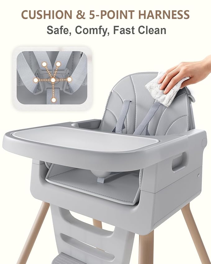 Baby High Chair for 6 Months+, Foldable High Chairs for Babies and Toddlers, Convertible High Chair, Adjustable Tray & Footrest, Portable High Chair & Easy to Clean(Grey with Wood Grain)