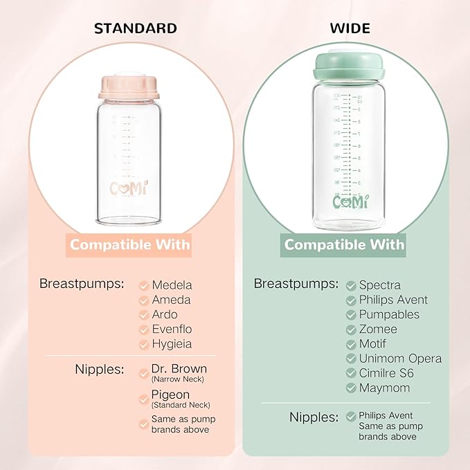 COMI Wide Neck Glass Breastmilk Collection n Storage Bottle, 2 Packs,10oz with Screw Ring Sealing Disk,Re-markable Sealing Disc,BPA Free,Fits Breast Pumps&Nipples(2 Green Lids)